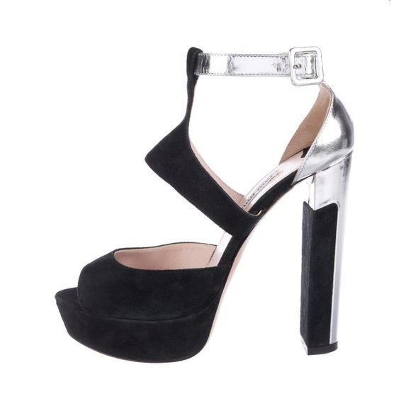 Miu Miu Shoes - Miu Miu Black Suede Silver Platform Sandal 6.5